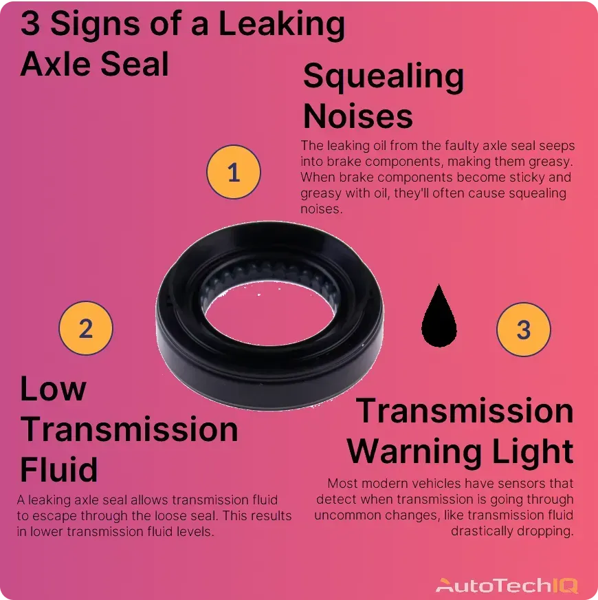 signs of a leaking axle sal include transmissiong warning light, transmission fluid drop, and squealing noises