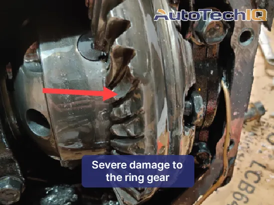 Ring gear without maintenance showing damage on differential