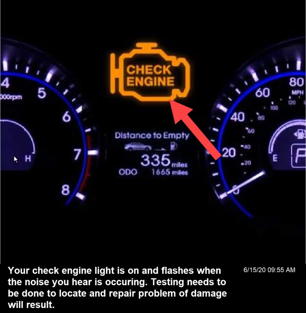 Engine misfire meaning issues in the combustion or belt mechanism in the engine, creating a lawn mower noise and triggering the check engine light