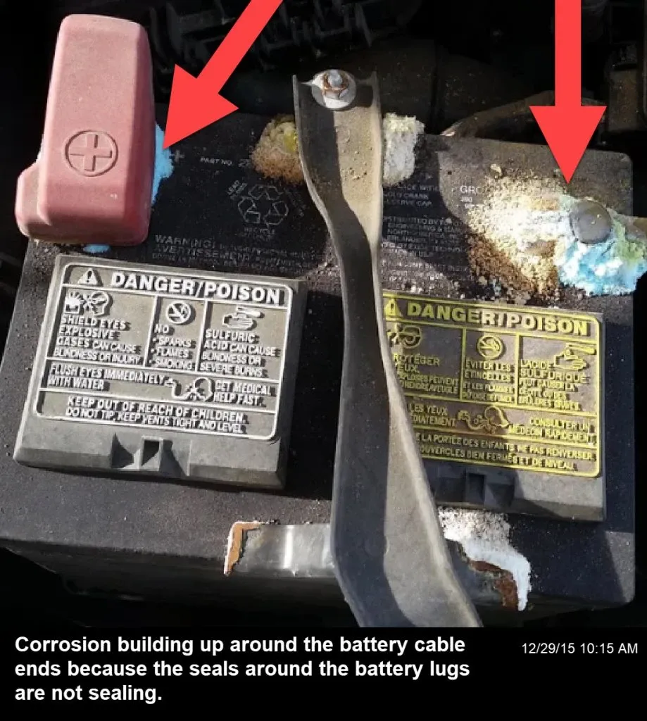 Battery post seal leak allowing acidic chemicals to seep from the battery and create corrosion around the terminals